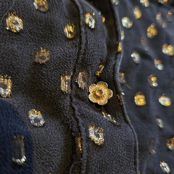 Vintage Bebe 72% Silk Gold Metallic Dot Blouse XS Black Y2K Ruffle Party Top - Picture 6 of 13